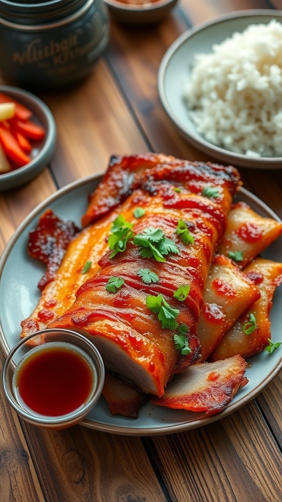 Crispy Vietnamese pork belly served with rice and pickled vegetables on a rustic table.